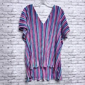 Caramela Vertical Striped Colorful Blouse Top High Low Hem Size Large